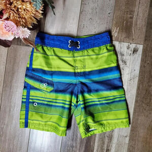 OP Ocean Pacific Green and Blue Boys Swim Trunks Board Shorts Size XS 4-5 EUC